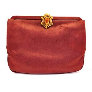 Vintage Mel-Ton Satin Burgundy Clutch with Gold Amber Jeweled Clasp Formal Party